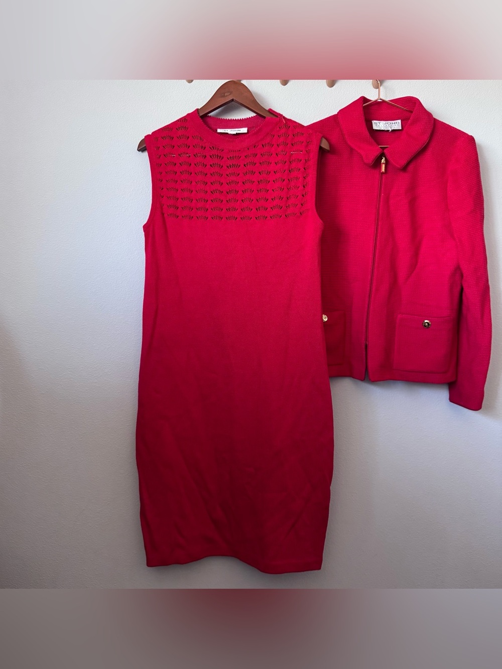 St. John Sleeveless Knit Dress in Bright Red with Matching Zip Jacket
